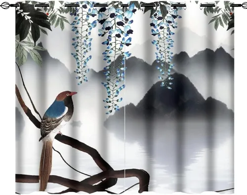 Miniatura 11 de Cortinas opacas para oscurecer la habitación con ojales, diseño de flores japonesas con ojales, arte retro de primavera y ramas florales, arte