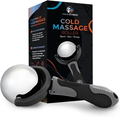 PRIME Fitness Bola de rodillo de masaje frío | Terapia de frío | Bola de rodillo de hielo con mango | Cryo Stick | Alivia el dolor muscular (negro)