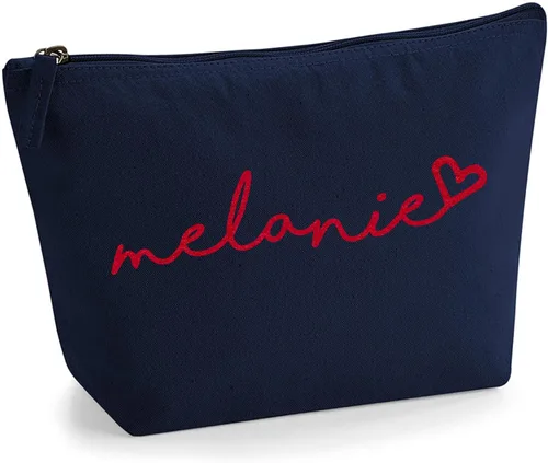 Miniatura 28 de Bolsa de accesorios de maquillaje con iniciales de nombre escritas a mano personalizadas en color negro con purpurina o textura de flocado