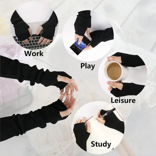 Miniatura 2 de Facecozy Calentadores de brazos para mujer, mezcla de lana de cachemira, guantes largos sin dedos para mujer, guantes para clima frío con agujero