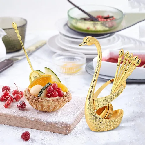 Miniatura 2 de Juego de cucharas de postre de café, soporte de base de cisne, organizador de cuchara con 6 cucharas para café, frutas, postres, mezcla, azúcar