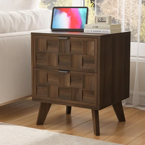 Miniatura 3 de Smuxee Mesita de noche de madera de nogal con 2 cajones, mesita de noche de mediados de siglo con puertas de tablero de ajedrez en relieve, mesita