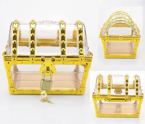 Miniatura 6 de Cofre del tesoro pirata para niños: pequeña caja del tesoro con cerradura y llave, caja de colección vintage de plástico para almacenamiento