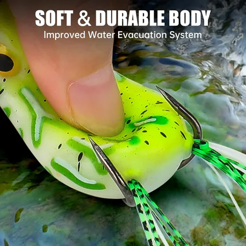 Miniatura 5 de Syosisny Juego de 5 señuelos de rana Topwater con ganchos sin hierbas, señuelos de pesca suaves con diseño realista, perfecto para pesca de lubina
