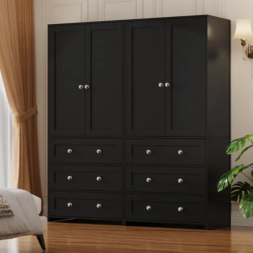 Miniatura 9 de VOWNER Armario Clóset con Cajones y Espejo, Gabinete de Almacenamiento de Ropa de 71" con Barra Colgante, Armario de Dos Puertas de Madera