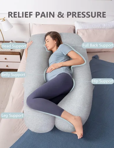 Miniatura 2 de AngQi - Almohada de embarazo con funda de jersey, almohada de cuerpo completo en forma de U para mujeres embarazadas, color gris