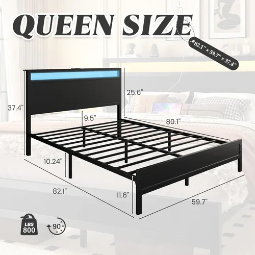 Miniatura 2 de Fluest Base de cama Queen con cabecero y estribo, marco de cama con estación de carga integrada y luz LED, estante de almacenamiento, sin ruido,