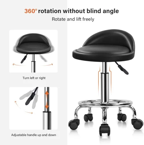 Miniatura 4 de KKTONER Taburete rodante redondo de cuero sintético con reposapiés, altura ajustable, giratoria, trabajo, spa, silla de tareas con ruedas (negro)