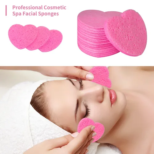 Miniatura 2 de 100 unidades de esponjas faciales comprimidas en forma de corazón de celulosa natural para esteticistas, esponjas profesionales cosméticas y de spa