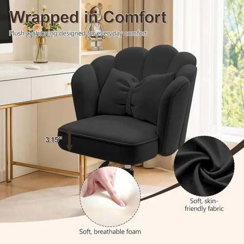 Miniatura 5 de Silla de tocador con ruedas, silla de escritorio de terciopelo con pétalos, silla de oficina en casa tapizada y copetada para mujeres y niñas, silla