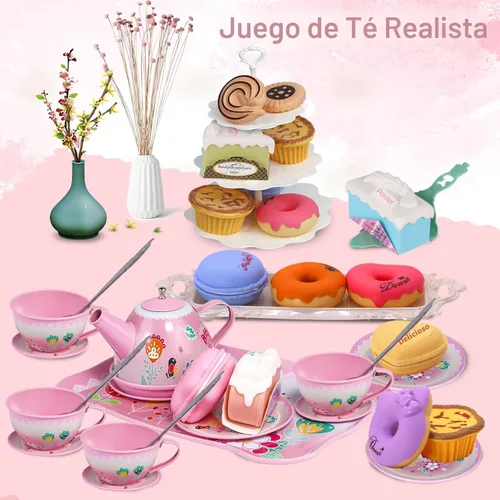 Miniatura 2 de Juego de fiesta de té para niñas pequeñas, juguete de la hora del té de la princesa de PRE-WORLD que incluye postre, galletas, dona, bandeja