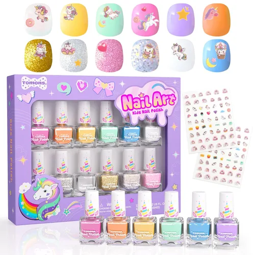 Tomons Juego de esmalte de uñas para niños, 12 colores no tóxicos a base de agua de secado rápido y desprendible, kit de arte de uñas DIY para niñas