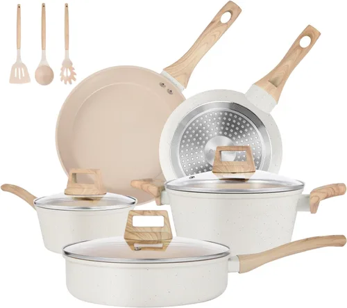 M MELENTA Juego de ollas y sartenes antiadherentes, juego de utensilios de cocina de cerámica no tóxica, 11 piezas de utensilios de cocina de Crema