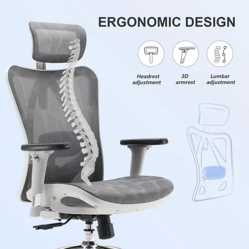 Miniatura 6 de SIHOO M57 Silla de oficina ergonómica de malla, silla de escritorio con respaldo alto para el hogar con reposabrazos 3D, soporte lumbar y Gris claro