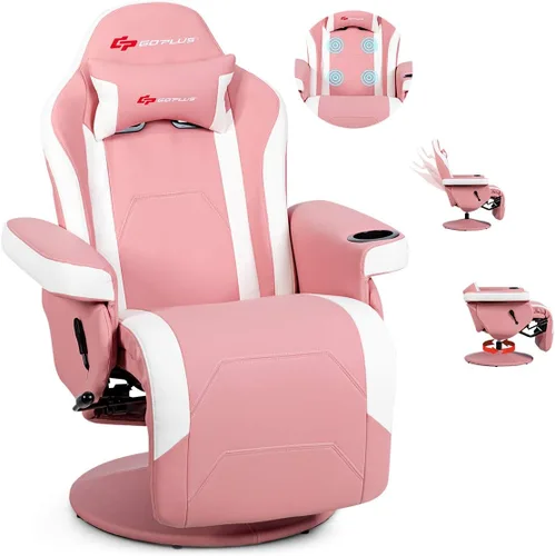 POWERSTONE - Silla reclinable para videojuegos, silla de masaje de poliuretano con reposapiés, soporte para tazas, reposacabezas y bolsa lateral,