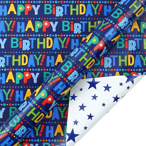 Miniatura 5 de AUCLAY Papel de regalo reversible de cumpleaños para niños, niñas, adultos, baby shower, vacaciones, diseño colorido de letras y estrellas de feliz