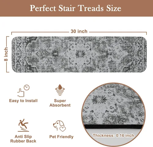 Miniatura 2 de OJIA Peldaños de escalera antideslizantes para escalones de madera en interiores, 15 piezas de 8"x30" alfombras con respaldo de goma para peldaños
