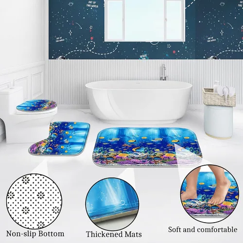 Miniatura 4 de Poedist - Juego de ducha de baño, 4 piezas, diseño de mundo submarino azul para niños, incluye cortina de ducha y tapetes para baño