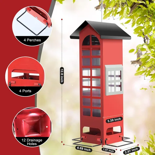 Miniatura 4 de Comederos para pájaros a prueba de ardillas, para colgar al aire libre, con puertos activados por peso, tubo cardenal de metal, comedero de semillas