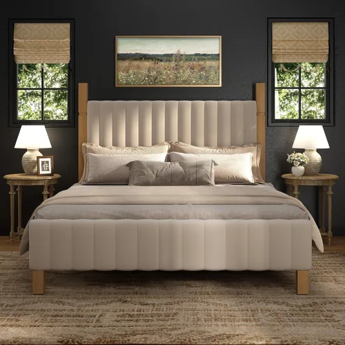 Miniatura 5 de Yechen Base de cama Queen con cabecero, marco de cama de madera con postes de madera maciza, no necesita somier, lino beige Sábanas beige