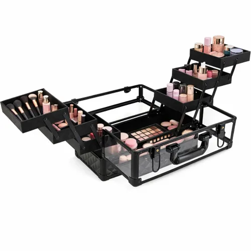 Miniatura 6 de Ver Beauty Estuche de tren de maquillaje de diamante negro con 6 bandejas de acordeón, organizador de cosméticos con cerradura