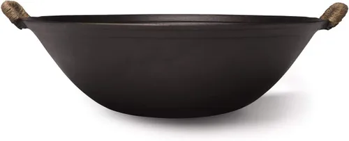ZhenSanHuan Wok de hierro fundido hecho a mano, sin revestimiento, sin pintura, saludable, fondo plano, apto para inducción (14.2 pulgadas)