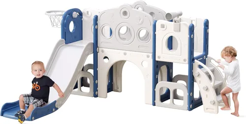 Miniatura 7 de Tobogán 8 en 1 para niños pequeños, juego para interiores y exteriores para niños de 1 a 3 años, tobogán escalador para niños con espacio de Gris