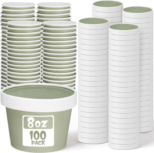 Miniatura 21 de Fulmoon Paquete de 100 recipientes de papel para sopa con tapas, recipientes de papel desechables para alimentos con tapa ventilada, tazas de postre