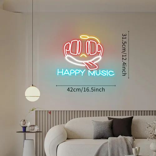Miniatura 6 de Letrero de neón con texto en inglés «Happy Music» para decoración de pared, letras iluminadas para negocios, letreros de fiesta de cumpleaños