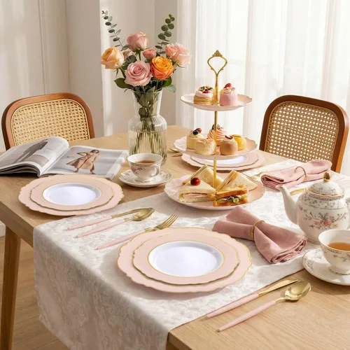 Miniatura 6 de WDF 30Guest - Platos de plástico rosa y cubiertos de plástico dorado con mango rosa, barroco rosa y dorado para bodas y fiestas de lujo, día