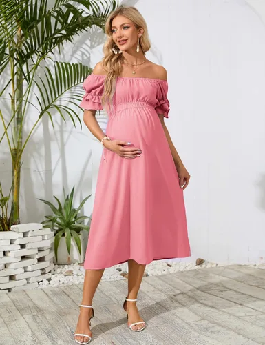 Miniatura 3 de KOJOOIN Vestido de maternidad de manga corta con hombros descubiertos para mujer, vestido de verano casual con volantes, vestido midi fluido