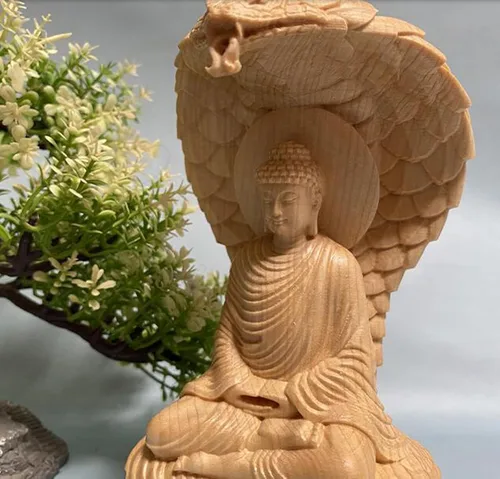 Miniatura 4 de Estatua de Buda de madera sentada hecha a mano, escultura meditante, decoración decorativa para el hogar, acento hecho a mano, palmera moderna Blanco
