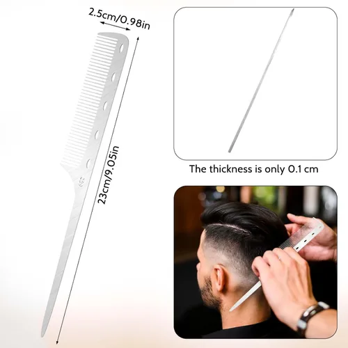 Miniatura 2 de Peine de cola de rata de metal con púa de metal, peines de pelo de acero inoxidable, parte superior plana, peines de corte fino, peine de peluquero