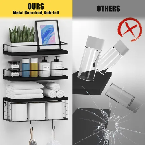Miniatura 5 de Estantes flotantes negros con ganchos en S, estantes de baño montados en la pared sobre el inodoro con cesta de papel higiénico, organizadores