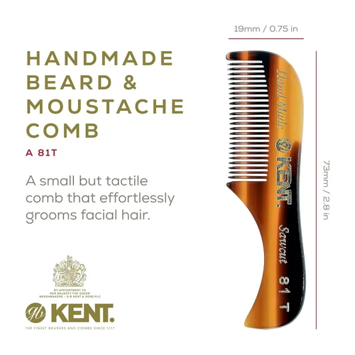 Miniatura 2 de Peine Kent, peine para bigote de 2.87 pulgadas, dientes finos para bigote y barba modelo n.° 81T, 3.05 pulgadas de longitud, Marrón tortuga