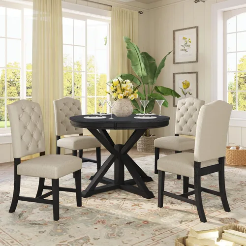 Miniatura 5 de Harper & Bright Designs TREXM - Juego de mesa de comedor de estilo retro funcional con mesa extensible y 4 sillas tapizadas para comedor y sala