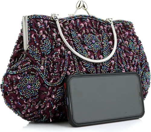 Miniatura 17 de Bolso de noche de diseñador floral con cuentas de lentejuelas diseño vintage besos cerradura satén embrague bolso bolso de mano de boda fiesta