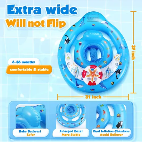 Miniatura 5 de Flotador de piscina para bebé con dosel de protección solar UPF50+, flotadores inflables para piscina de niños con consola de juego para bebé de 6 a