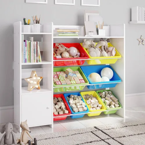 Miniatura 10 de Organizador de almacenamiento de juguetes con estantería, estantería de organización de sala de juegos para niños con contenedores de almacenamiento