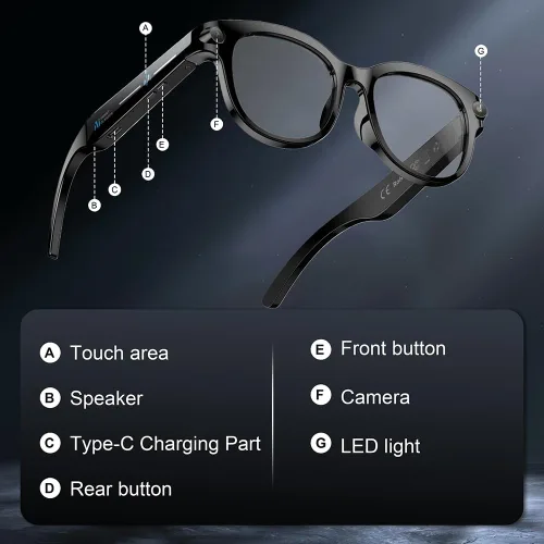 Miniatura 6 de Gafas inteligentes con cámara, gafas de sol Bluetooth AI, traducción/control de voz/reproducción de música para viajes, conferencias y vlogging