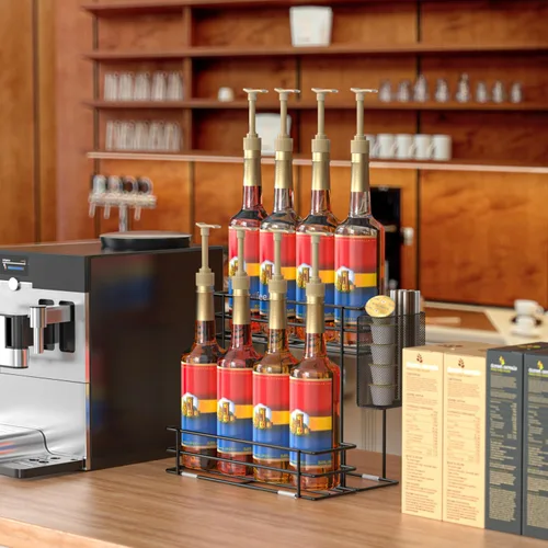 Miniatura 3 de OVICAR Organizador de jarabe de café, soporte para 8 botellas para barra de café y accesorios de estación con popote y cesta para cápsulas, 2