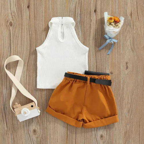 Miniatura 8 de TheFound Trajes de verano para niñas pequeñas, sin mangas, de punto acanalado, halter, pantalones cortos, ropa para recién nacidos, conjunto de 3