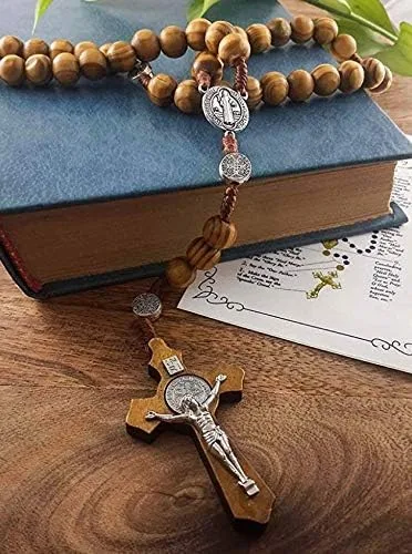 Miniatura 6 de Faith & Gospel Hertos - Collar con cuentas de madera para rosario, medalla de San Benito y cruz católica, cuerda de coronilla de oración religiosa