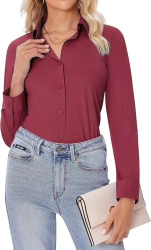 Miniatura 24 de siliteelon Camisas con botones para mujer, ajustadas, de manga larga, elásticas, de vestir, camisas de trabajo, sin arrugas, blusas de oficina