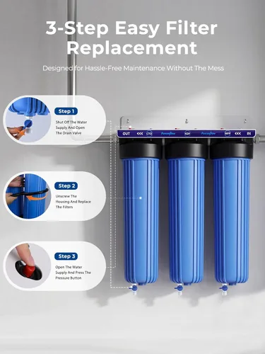Miniatura 7 de Sistema de filtro de agua de 3 etapas para toda la casa, reducción de metales pesados, 20 x 4.5 pulgadas, incluye bloque de carbono PP, KDF y CTO