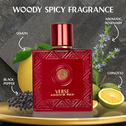 Miniatura 8 de Verse Adonis Red para hombres – 3.5 onzas líquidas de Eau De Parfum Spray – Fragancia afrutada cálida y floral con olor fresco todo el día, de larga