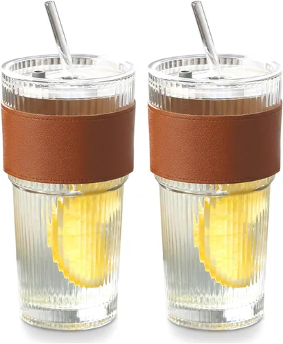 2-Pack Glass Tumbler with Straw and Lid 21oz Ribbed Glass Iced Coffee Cups with Sleeve Leak-Proof & Portable for Iced Beverages Coffee Cups with