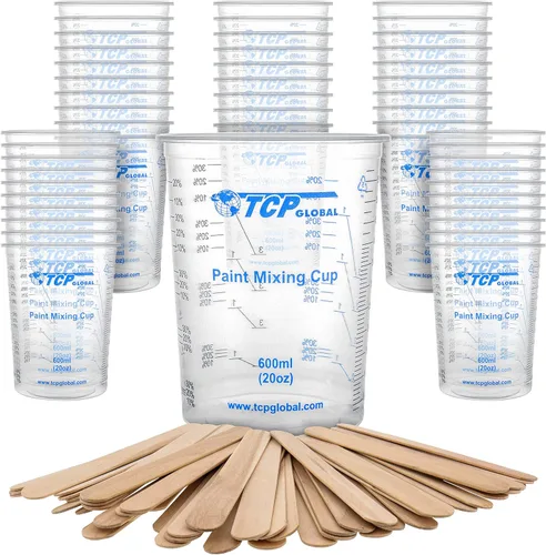 Miniatura 7 de TCP Global Vasos mezcladores de plástico graduados de 20 onzas (20.3 fl oz), caja de 25 con 25 varillas de mezcla, vasos medidores de plástico