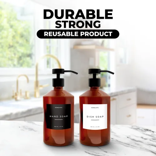 Miniatura 6 de Juego de 2 dispensadores de jabón de vidrio de lujo, elegantes botellas ámbar con bombas negras mate, ideal para cocina y baños, bomba de vidrio