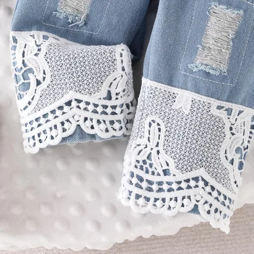 Miniatura 25 de Conjunto de ropa de bebé niña para bebé, mameluco de encaje blanco de manga larga + pantalones de mezclilla